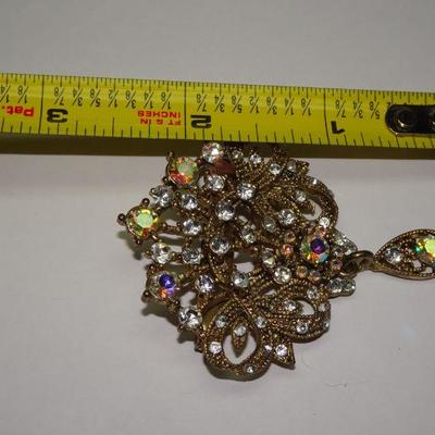 Victorian Style Rhinestone Brooch, Filigree, Ornate 