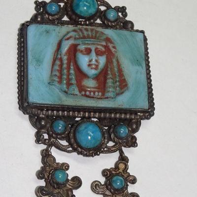 Cool Tourist Egyptian Goddess Pendant Necklace, Faux Turquoise Stones 