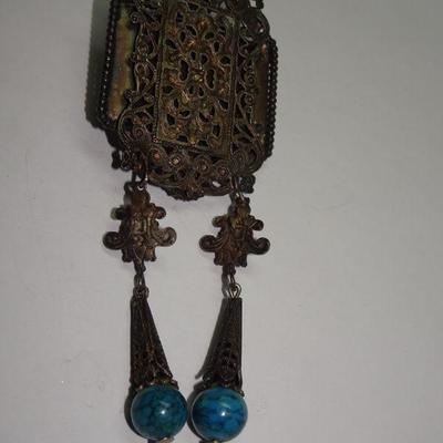 Cool Tourist Egyptian Goddess Pendant Necklace, Faux Turquoise Stones 