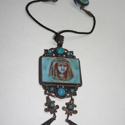 Cool Tourist Egyptian Goddess Pendant Necklace, Faux Turquoise Stones 