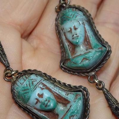 Cool Tourist Egyptian Goddess Pendant Necklace, Faux Turquoise Stones 