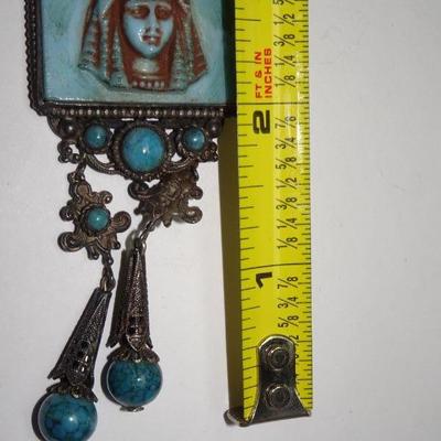 Cool Tourist Egyptian Goddess Pendant Necklace, Faux Turquoise Stones 