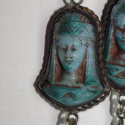 Cool Tourist Egyptian Goddess Pendant Necklace, Faux Turquoise Stones 