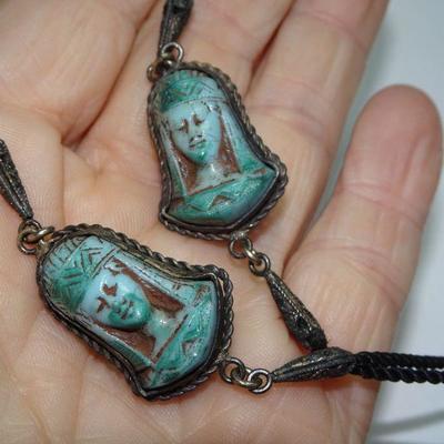 Cool Tourist Egyptian Goddess Pendant Necklace, Faux Turquoise Stones 