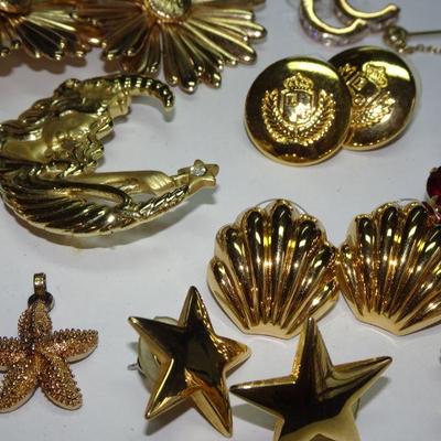 Gold Tone Jewelry Lot, All Wearable, Earrings, Pins, Brooch, Pendants