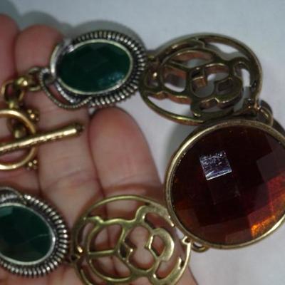 Egyptian Style Link Bracelet, Designer Lucky, Scarabs, Faux Stones 