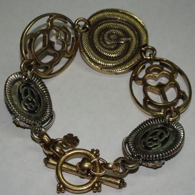 Egyptian Style Link Bracelet, Designer Lucky, Scarabs, Faux Stones 