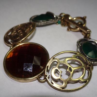 Egyptian Style Link Bracelet, Designer Lucky, Scarabs, Faux Stones 