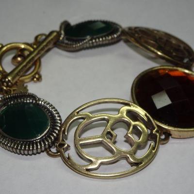 Egyptian Style Link Bracelet, Designer Lucky, Scarabs, Faux Stones 