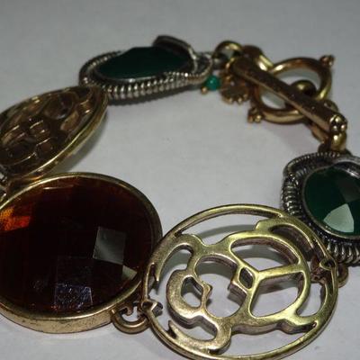 Egyptian Style Link Bracelet, Designer Lucky, Scarabs, Faux Stones 
