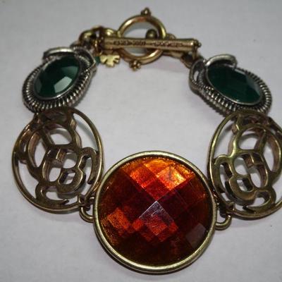 Egyptian Style Link Bracelet, Designer Lucky, Scarabs, Faux Stones 