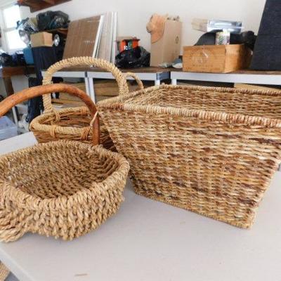 Set of Three Wicker Rattan Weave Baskets with Handles