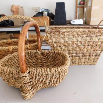 Set of Three Wicker Rattan Weave Baskets with Handles