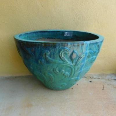 Large Ceramic Planter 20 Gallon Plus with Antiqued Teal Finish Oval Shape 25