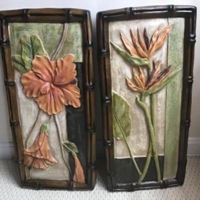 TWO FRAMED FLORAL RESIN WALL ART