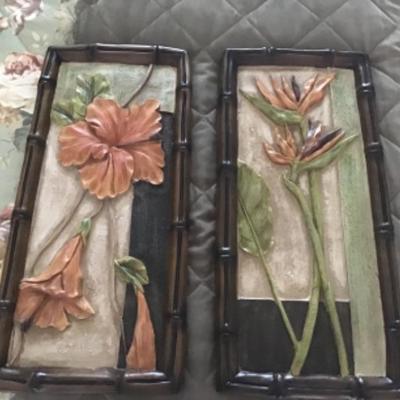 TWO FRAMED FLORAL RESIN WALL ART