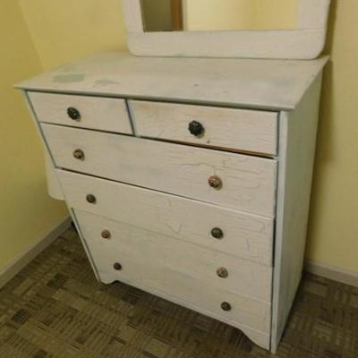 Vintage Solid Wood 2 over 4 Dresser with Mirror Painted Antique White with Blue Distress Undertones 39