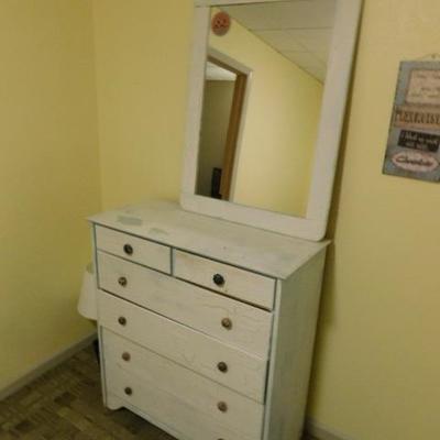 Vintage Solid Wood 2 over 4 Dresser with Mirror Painted Antique White with Blue Distress Undertones 39