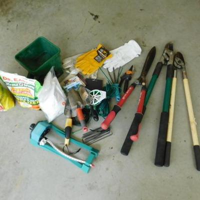 Collection of Garden and Lawn Hand Tools, Gloves, Spreader, Etc.