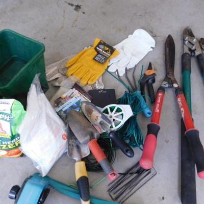 Collection of Garden and Lawn Hand Tools, Gloves, Spreader, Etc.