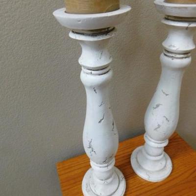 Pair of Large Wood Candle Holders Distressed White 20