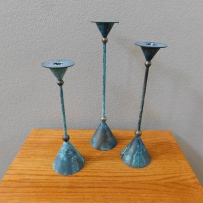 Set of Three Metal Patina Copper Finish Candle Holders