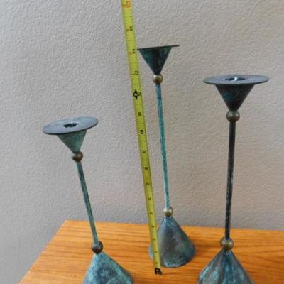 Set of Three Metal Patina Copper Finish Candle Holders