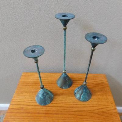 Set of Three Metal Patina Copper Finish Candle Holders