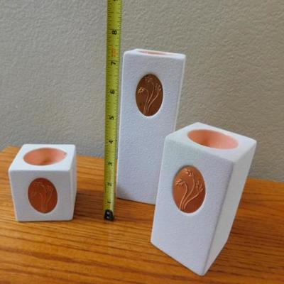 Set of Three White Finish with Copper Inlay Decorated Partylite Candle Holders 