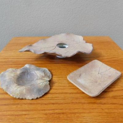 Set of Three Clay Leaf Pattern Functional Art Pieces by Charyl Stone