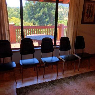 Set of 5 Gorgeous Mid Century Modern Black Leather and Wood Chairs