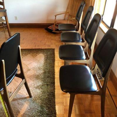 Set of 5 Gorgeous Mid Century Modern Black Leather and Wood Chairs