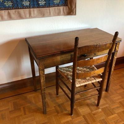Antique English Expandable Wood Writing Desk or Pub Table and Chair