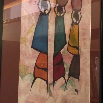 Signed Framed African Tribal Art Painting of Three Women