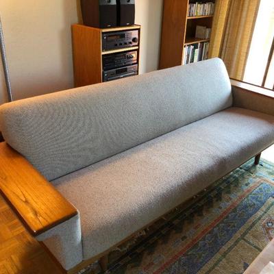 Fabulous Mid Century Modern Light Gray Fabric and Wood Frame Sofa