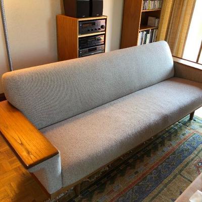 Fabulous Mid Century Modern Light Gray Fabric and Wood Frame Sofa