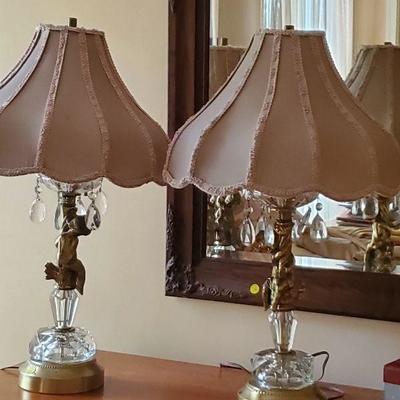 B2-13:  Pair of Brass Crystal Cherub Lamps