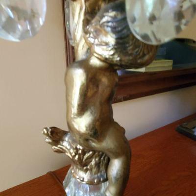B2-13:  Pair of Brass Crystal Cherub Lamps