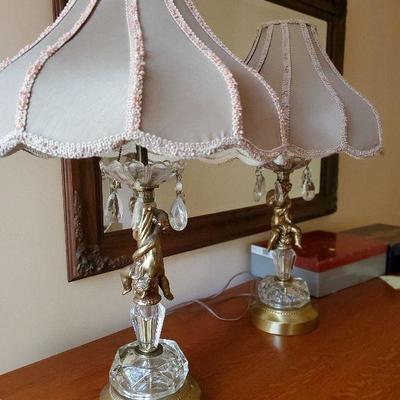 B2-13:  Pair of Brass Crystal Cherub Lamps