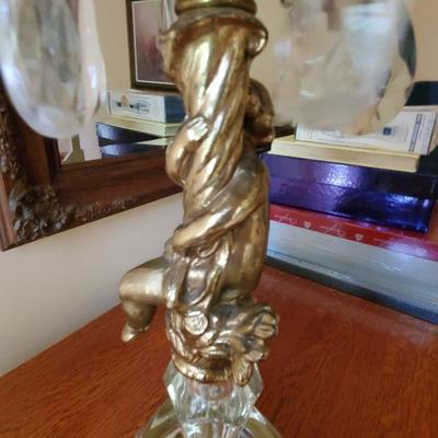 B2-13:  Pair of Brass Crystal Cherub Lamps