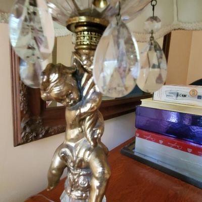 B2-13:  Pair of Brass Crystal Cherub Lamps