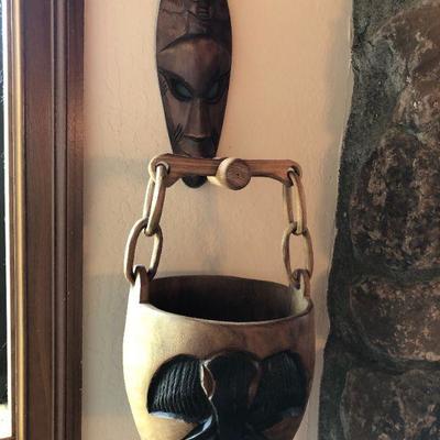Vintage African Tribal Wall Art with Hanging Wood Basket
