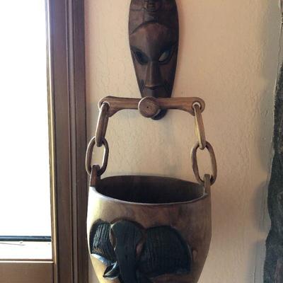 Vintage African Tribal Wall Art with Hanging Wood Basket