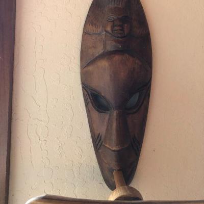 Vintage African Tribal Wall Art with Hanging Wood Basket