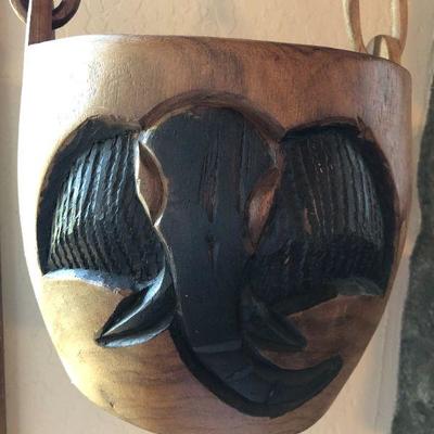 Vintage African Tribal Wall Art with Hanging Wood Basket