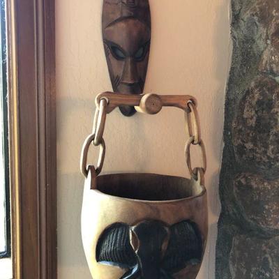 Vintage African Tribal Wall Art with Hanging Wood Basket