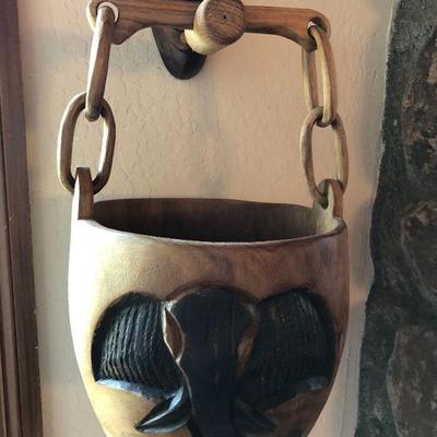 Vintage African Tribal Wall Art with Hanging Wood Basket