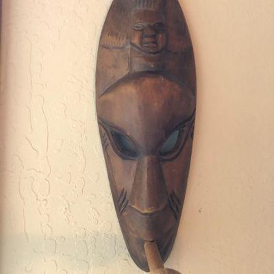 Vintage African Tribal Wall Art with Hanging Wood Basket