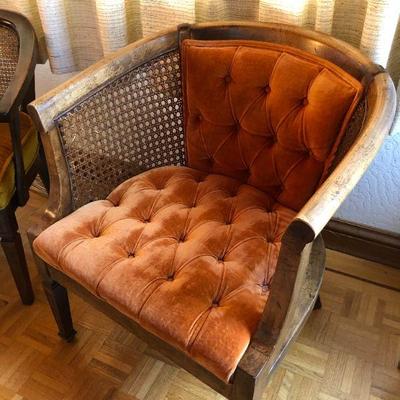 Mid Century Deep Orange Tufted Fabric and Wood Chair