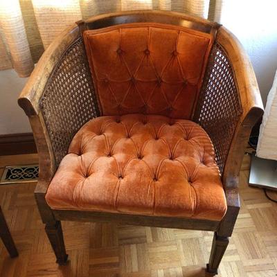 Mid Century Deep Orange Tufted Fabric and Wood Chair